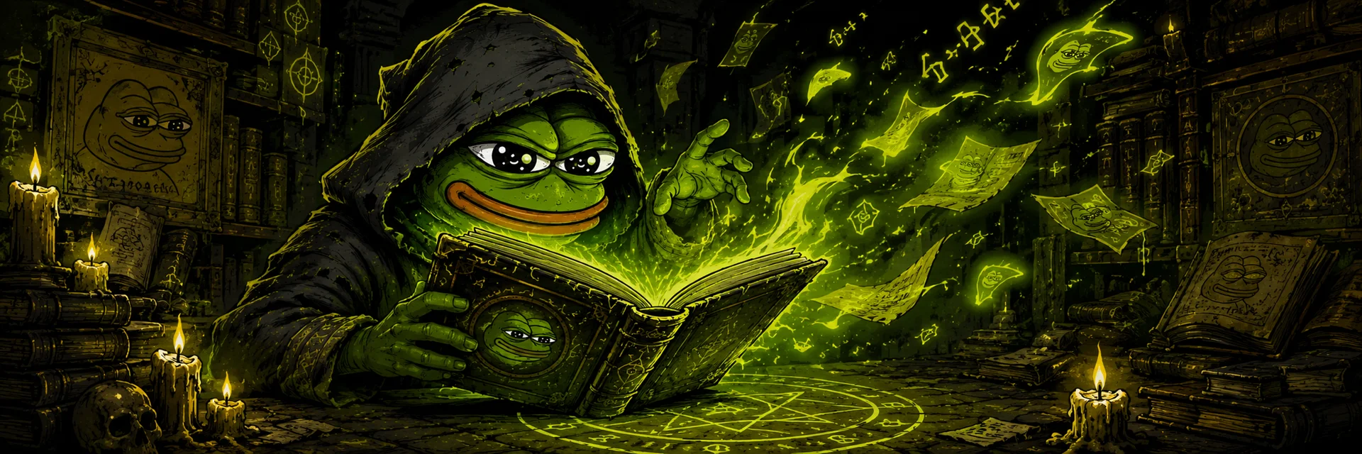 The keeper reading the Memenomicon in a candle-lit archive